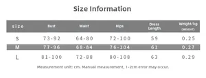 Detailed size guide for strapless lace dress featuring bust waist and length measurements