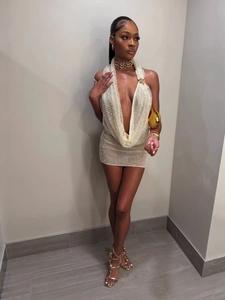 Sexy backless halter neck deep V mini dress with sequins for summer party wear