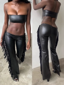 Sexy Damen Bandeau Top Und Fransen Schlaghose Outfit Kunstleder Schlangenmuster Clubwear Streetwear Party Kleidung