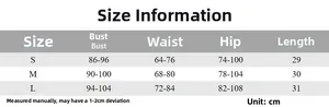 Size chart for halter backless mini dress detailing bust, waist, and hip measurements in cm