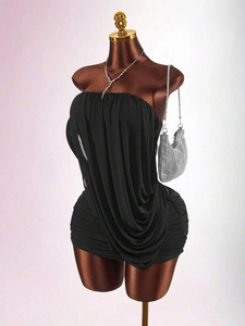 Sexy black strapless mini dress with elegant pleats and ruched details for summer wear