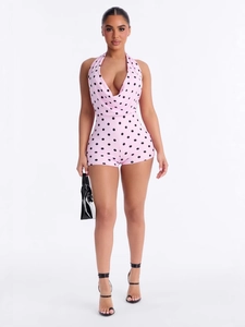 Women's Sexy Pink Polka Dot Halter Romper Backless V-Neck Slim Fit Jumpsuit Summer Sleeveless Ruched Playsuit Party Streetwear