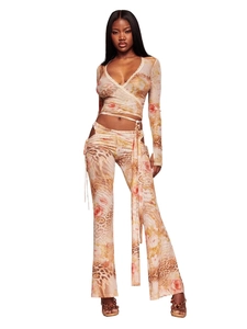 Two-piece floral leopard print mesh set with V-neck wrap top and flared pants