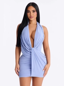 Sexy halter neck V-neck mini dress with ruched knot detail in lavender knit fabric