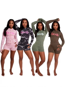 Women Hooded Zipper Jacket And Shorts Outfit Leopard Camo Print Long Sleeve Slim Fit Body Letter Streetwear Activewear Workout Clothes