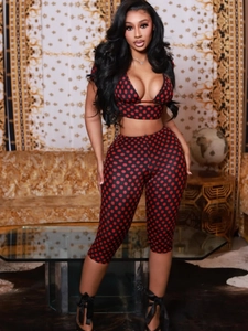 Ensemble Top et Bas Sexy Femme à Pois Imprimé avec Dos Nu et Pantacourt Ajusté en Polyester Streetwear
