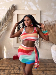 Women's Summer Sexy Multicolor Wave Print Sleeveless Crop Top And Side Drape Bodycon Mini Skirt Vacation Skirt Outfit