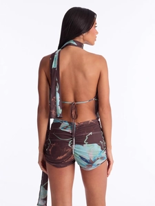Chic coffee and blue floral print halter top with matching ruched mini skirt set
