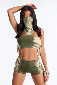 Detail of army green tie-dye three-piece set with tassels and matching bandana