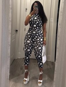 Women Halter Neck Polka Dot Jumpsuit Open Back Sleeveless Skinny Romper Ruched Butt Lift Printed Clubwear Party Jumpsuits