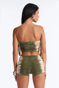 Detail view of the back showing tie-dye fringe tube top and shorts set for women