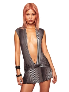 Robe courte sexy à rayures noires et blanches avec col en V profond et dos nu élégant