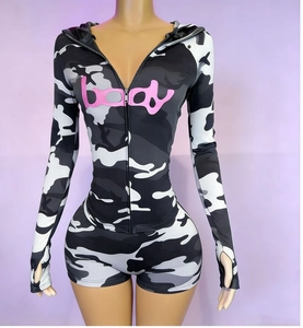 Detail of grey camouflage hooded bodysuit featuring pink body text and zipper closure