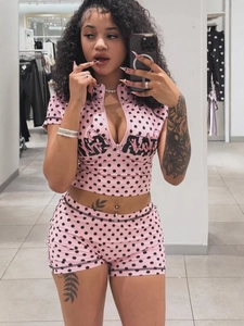 Women Polka Dot Letter Print Top And Bottom Summer Slim Fit Zipper V-Neck Crop Top And Shorts Athleisure Casual Wear