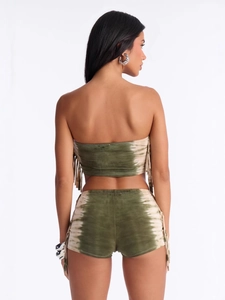 Women's 3-piece tie-dye summer set with tube top and fringed shorts in olive green