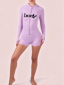 Women's lavender fitness set with leopard detail, long sleeve hoodie and tight shorts