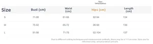 Detailed size chart for deep V-neck halter jumpsuit with S, M, and L measurements in cm