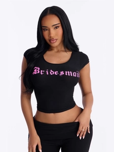 Haut Court à Manches Courtes pour Femmes et Pantalon Évasé à Taille Haute avec Imprimé Lettre Gothique Rose Bridesmaid Tenue d'Été Décontractée