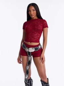 Damen Sexy Ausgehöhlt Blumen Spitze Rundhals Kurzarm Oberteil Und Shorts Passendes Outfit Sommer Streetwear Burgund Schwarz