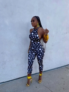Sexy halter neck backless jumpsuit with black and white polka dot print for women