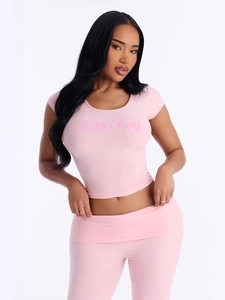Women's Casual Polyester Letter Print Top And Bottom Set Slim Fit Short Sleeve Crop Top Flared Pants Two-Piece Suit