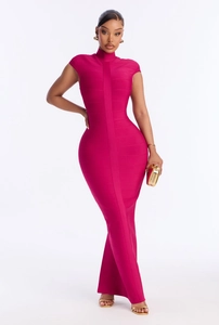 Close-up of rose red bandage maxi dress with high neck and ribbed texture