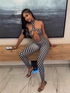 Combinaison Sexy à Pois pour Femme Dos Nu Bodycon Découpe Sans Manches Dos Nu Pantalon Long Moulant Romper Clubwear Fête