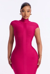 Detail of rose red bodycon dress featuring high neck collar and signature bandage texture