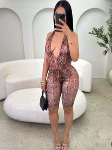 Women Sexy Halter Deep V Neck Snakeskin Print Backless Romper Sleeveless Slim Fit Shorts Jumpsuit Summer Streetwear