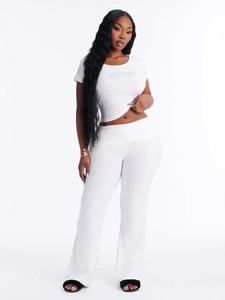 White two-piece set for women with short sleeve Bride print T-shirt and wide-leg pants