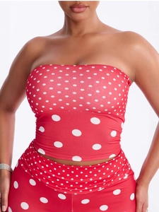 Sexy red polka dot two-piece set with strapless tube top and slim-fit trousers for summer