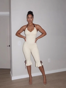 Women Sexy Halter Neck Backless Polyester Romper Jumpsuit Contrast Straps Ruffle Hem Bow Decor Slim Fit Solid One Piece