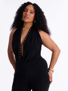 Sexy black halter jumpsuit with deep V-neck and gold rivet studs for women's summer style