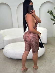Sexy backless snakeskin print halter romper with a slim fit and mid-thigh length for women
