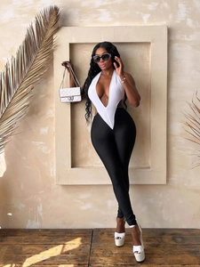 Women Sexy Deep V Neck Halter Color Block Jumpsuit Skinny Bodycon Sleeveless Party Clubwear Long Romper
