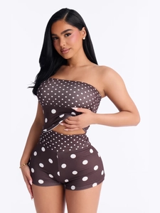 Women's 2-piece summer set with polka dot crop top and matching bodycon shorts
