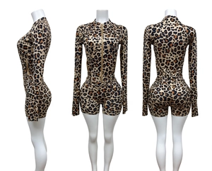Three-way view of leopard print long sleeve bodysuit with stand collar and zipper