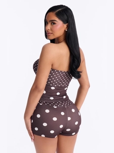 Women's summer two-piece backless tube top and polka dot bodycon shorts set in brown