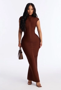 Detail view of the deep brown bandage fabric texture on this slim sleeveless dress