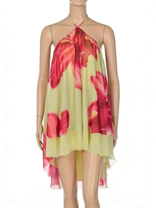 Detail of floral print halter backless mini dress with irregular chiffon ruffle hemline