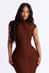 Close-up of chocolate brown bandage dress with high neck and ribbed texture