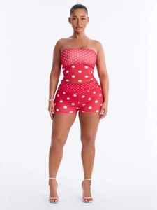 Polka dot tube top and bodycon shorts two-piece set for summer fashion in red and white