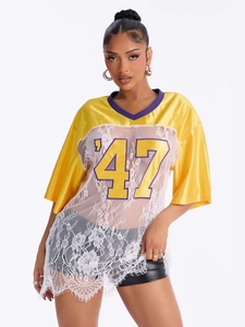 Women Sexy Lace Patchwork Satin T-Shirt V-Neck Letter Print Short Sleeve Oversized Yellow Top Streetwear Summer