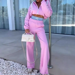 Damen Casual Rosa Polyester Oberteil Und Unterteil V-Ausschnitt Kapuzenpullover Weite Hose Einfarbig Heißprägen Herbst Mode