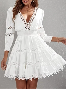 Women Sweet White Lace Cutout V-Neck Long Lantern Sleeve Cotton Blend A-Line Tiered Mini Dress For Party Vacation