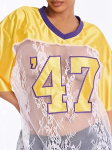 Lace patchwork T-shirt with yellow satin and number 47 print for women