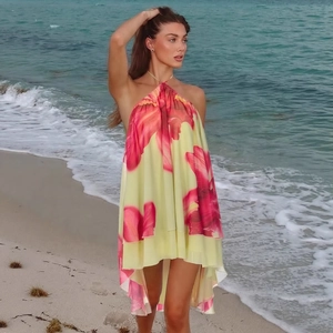 Women Floral Halter Backless Mini Dress Sexy Irregular High Low Hem Polyester Summer Beach Vacation Party Dress