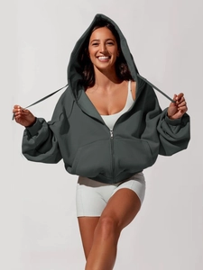 Women's dark gray oversized zip-up hoodie with drawstring and loose fit casual style