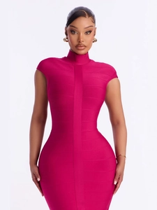 Elegant rose red bodycon bandage dress with high collar and slimming short sleeves
