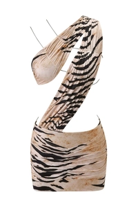 Detail view of tiger print two-piece set featuring cutout shoulder and ruched fabric texture